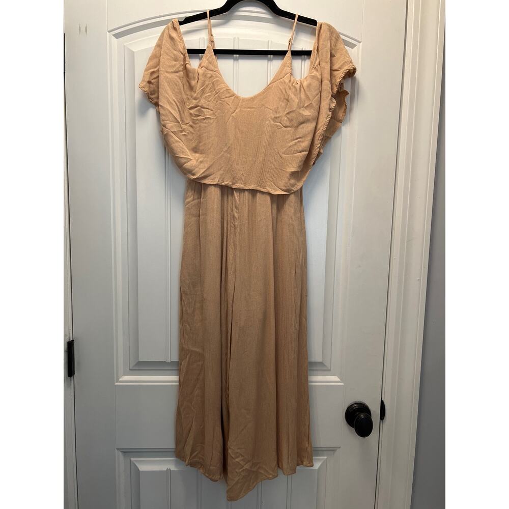 Illa Illa Women’s Scoop Neck Ribbed Cold Shoulder Wide Leg Jumpsuit Size M Beige